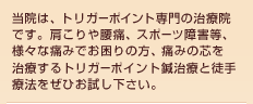 当院は、トリガーポイント専門の治療院です。肩こりや腰痛、スポーツ障害等、様々な痛みでお困りの方、痛みの芯を治療するトリガーポイント鍼治療と徒手療法をぜひお試し下さい。